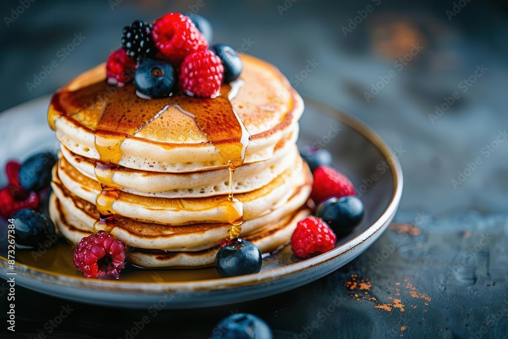 mouthwatering stack of fluffy pancakes on a rustic plate drizzled with maple syrup and topped with fresh berries mouthwatering stack of fluffy pancakes on a rustic plate drizzled with maple syrup and topped with fresh berries