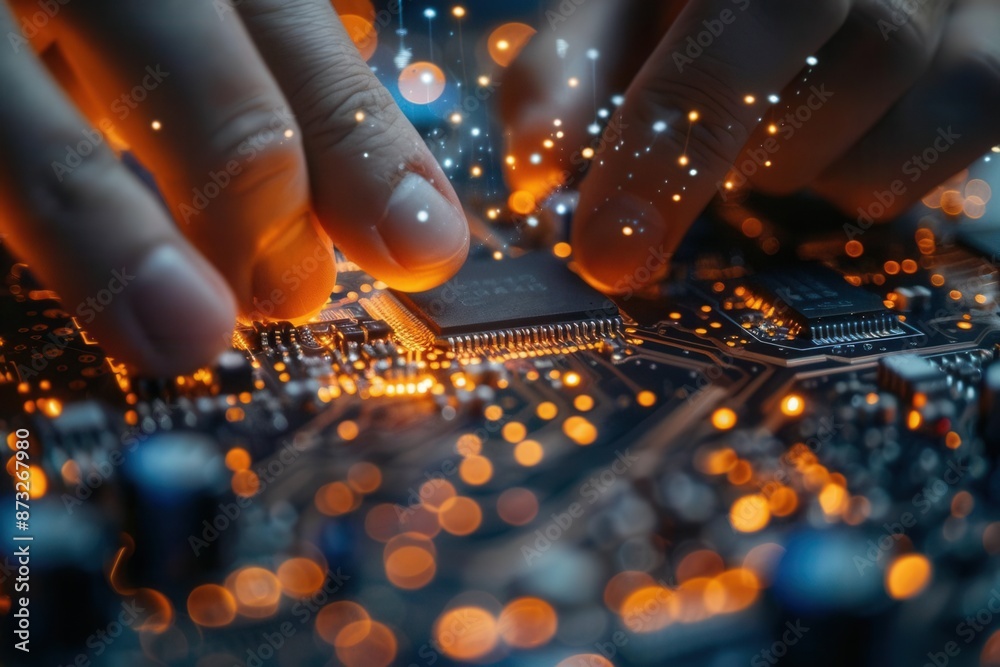 Hands assembling microchips and reviewing integration plans, technological development Hands assembling microchips and reviewing integration plans, technological development