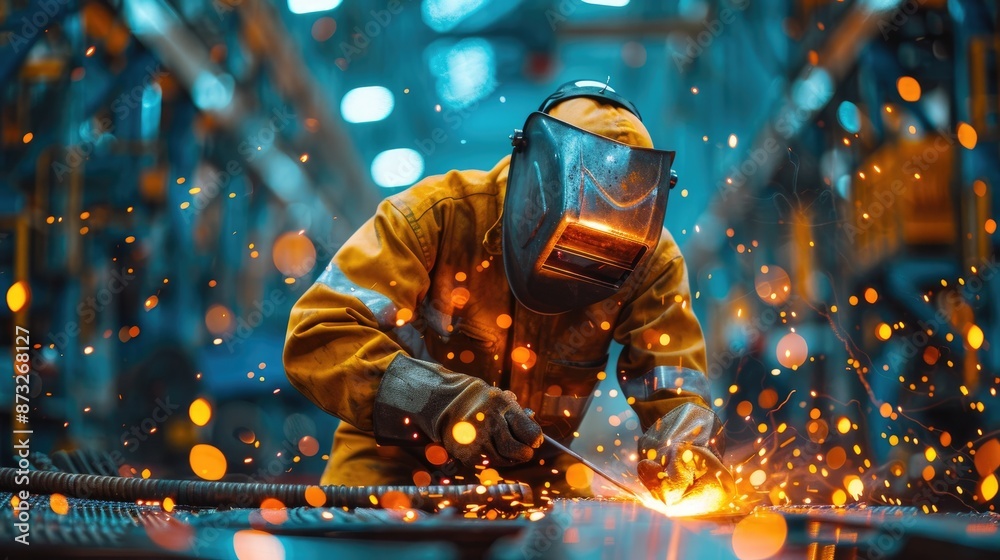 Man in a yellow jacket is welding metal. The sparks from the welding are creating a bright and intense atmosphere Man in a yellow jacket is welding metal. The sparks from the welding are creating a bright and intense atmosphere