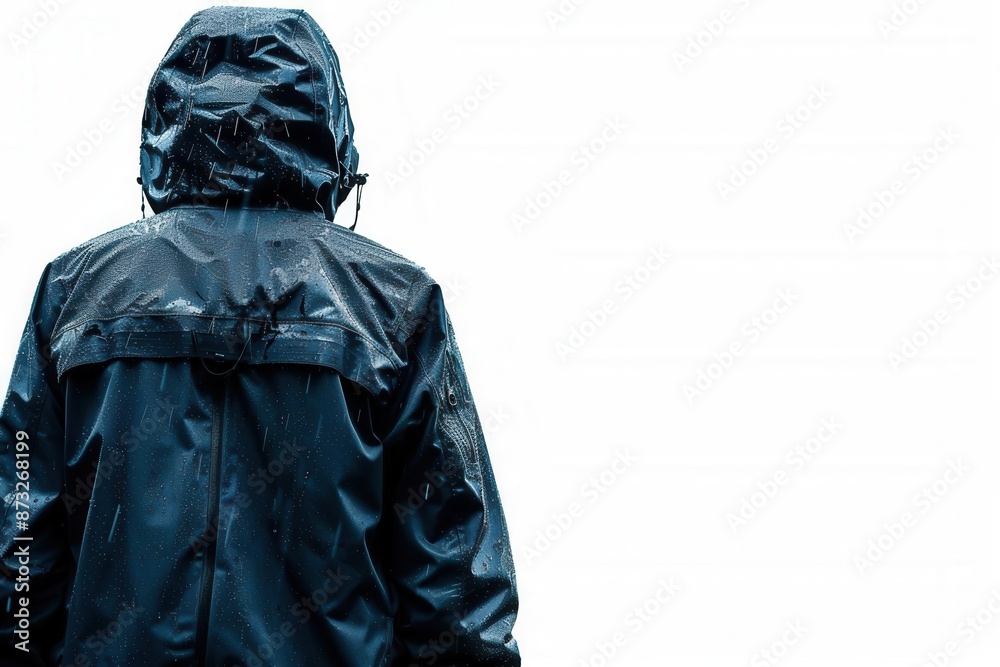 A person wearing a waterproof jacket in the rain, isolated on a white background with ample copy space for text A person wearing a waterproof jacket in the rain, isolated on a white background with ample copy space for text