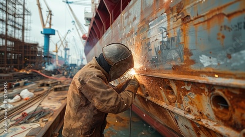 Welder at a shipyard, welding the hull of a large ship, with cranes and scaffolding visible in the background.