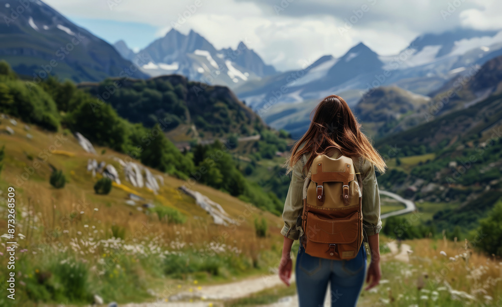 Young woman with backpack hiking in mountains, Young woman with backpack hiking in mountains,