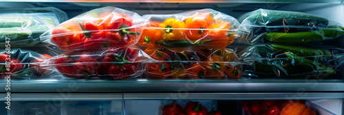Fresh Vegetables in Vacuum Sealed Bags Inside Refrigerator for Long Lasting Preservation photo
