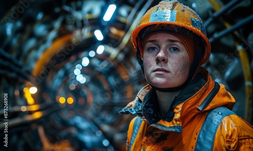 A female miner in protective overalls and a helmet on the background of an underground tunnel. A woman miner in a mine at her workplace. Labor day.