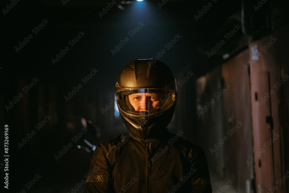 Portrait of a man in an outfit with a helmet and a motorcycle in a dark tunnel.