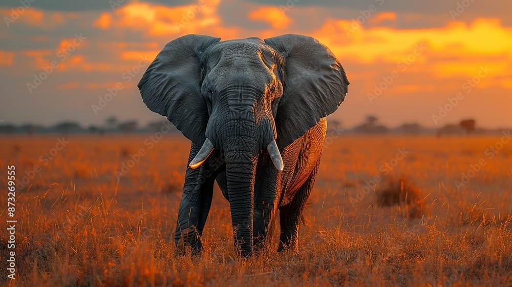 Fototapeta premium Artistic rendering of a majestic elephant in a savannah sunset, symbolizing wildlife conservation efforts. , Minimalism,
