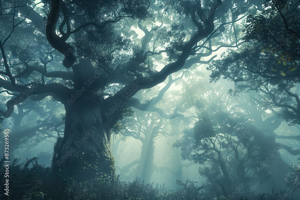 mystical forest shrouded in dense fog towering ancient trees with gnarled branches shafts of ethereal light piercing through the mist mystical forest shrouded in dense fog towering ancient trees with gnarled branches shafts of ethereal light piercing through the mist