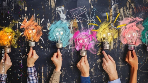 A group of people holding up light bulbs of different colors. The light bulbs represent the different ideas that the people have. AIG535 photo