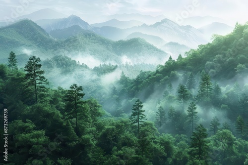 mystical morning fog over forest mountains photorealistic landscape illustration ai generated