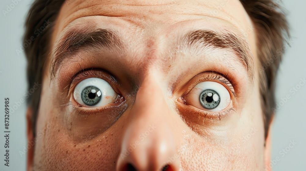 Close-up of wide-eyed surprised man with exaggerated facial expression looking directly at the camera in a humorous and expressive pose. Close-up of wide-eyed surprised man with exaggerated facial expression looking directly at the camera in a humorous and expressive pose.