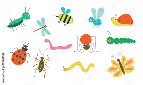 Cute insects vector illustration set. Cartoon colorful funny insect characters for childish kids collection.