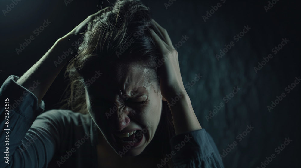 Woman clutching head in pain, dark atmospheric lighting. Woman clutching head in pain, dark atmospheric lighting.