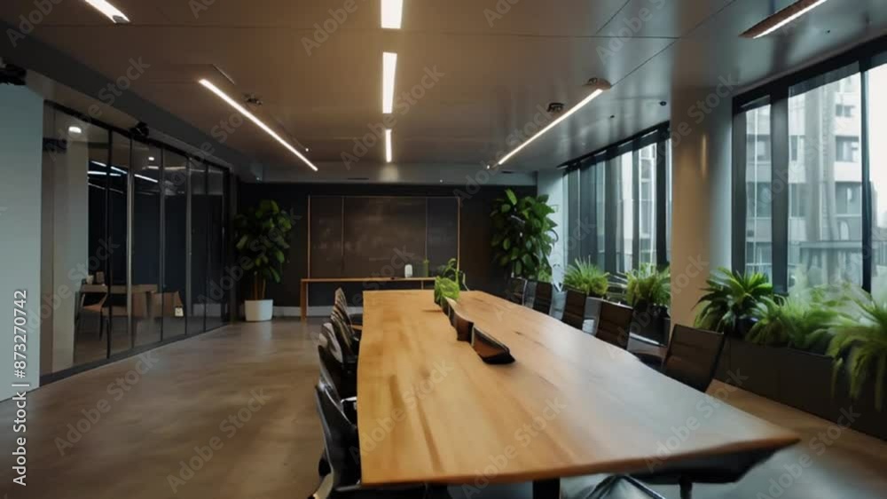 Modern Conference Room with Large Wooden Table, Plants, and Floor-to-Ceiling Windows Modern Conference Room with Large Wooden Table, Plants, and Floor-to-Ceiling Windows