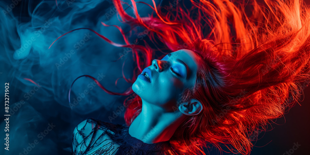 Dynamic Portrait of Woman with Fiery Red Hair and Colorful Smoke Dynamic Portrait of Woman with Fiery Red Hair and Colorful Smoke