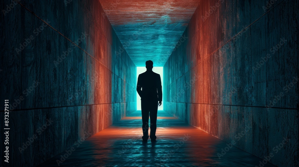 A man stands in a dark tunnel with a light shining on him A man stands in a dark tunnel with a light shining on him