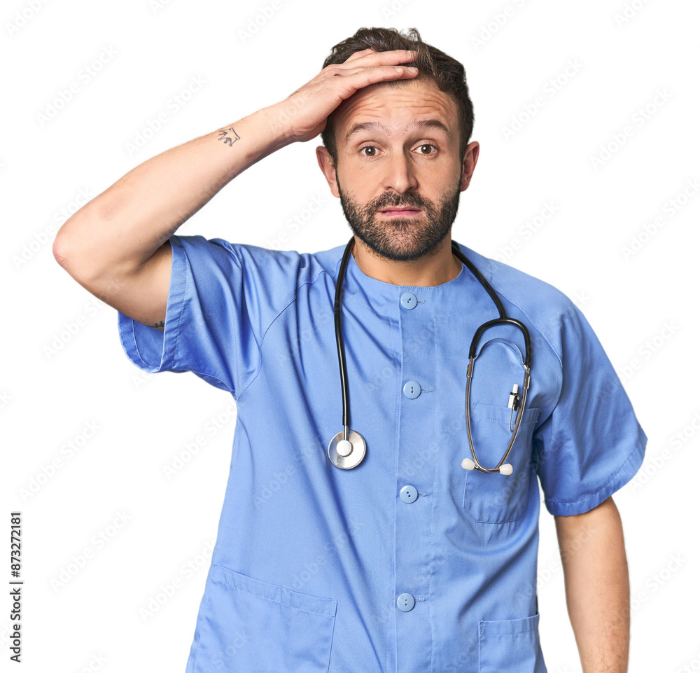 Hispanic male nurse in studio being shocked, she has remembered important meeting. Hispanic male nurse in studio being shocked, she has remembered important meeting.