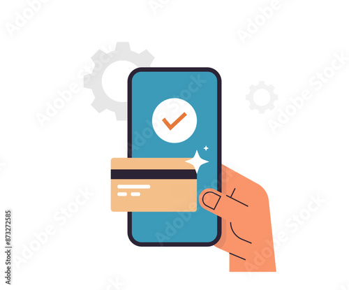 Hand holding credit card and deposit cash withdrawal, online payment, money transfer operations, mobile banking services concept flat vector illustration.	
