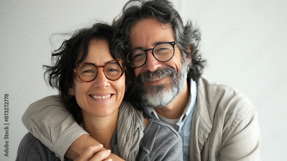 Happy couple with glasses smiling and embracing each other, showing affection and togetherness in a bright, neutral setting. Happy couple with glasses smiling and embracing each other, showing affection and togetherness in a bright, neutral setting.