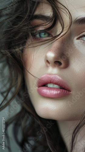 Close-up portrait of a beautiful woman with green eyes, full lips and long hair. Concepts include. beauty, skincare, makeup, cosmetics, glamour, fashion, and modeling.