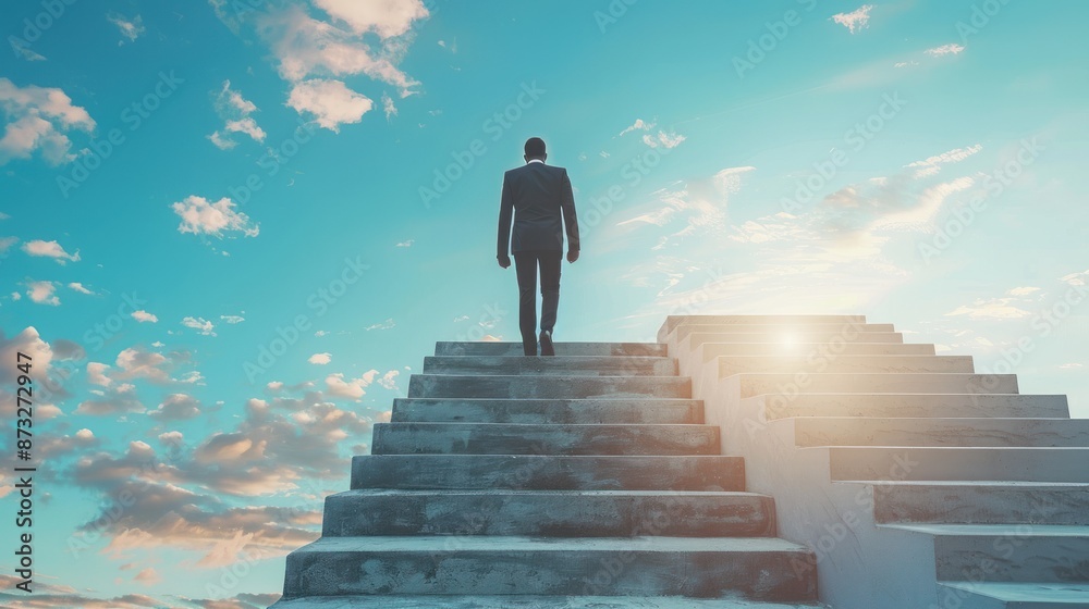 Businessman climbing stairs towards bright sky, symbolizing career success, ambition, goals, and achievement. Businessman climbing stairs towards bright sky, symbolizing career success, ambition, goals, and achievement.