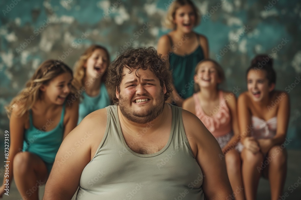 A bearded man in a tank top is smiling in the foreground, surrounded by a group of women laughing, creating a lively and joyful atmosphere that captures candid interaction. A bearded man in a tank top is smiling in the foreground, surrounded by a group of women laughing, creating a lively and joyful atmosphere that captures candid interaction.
