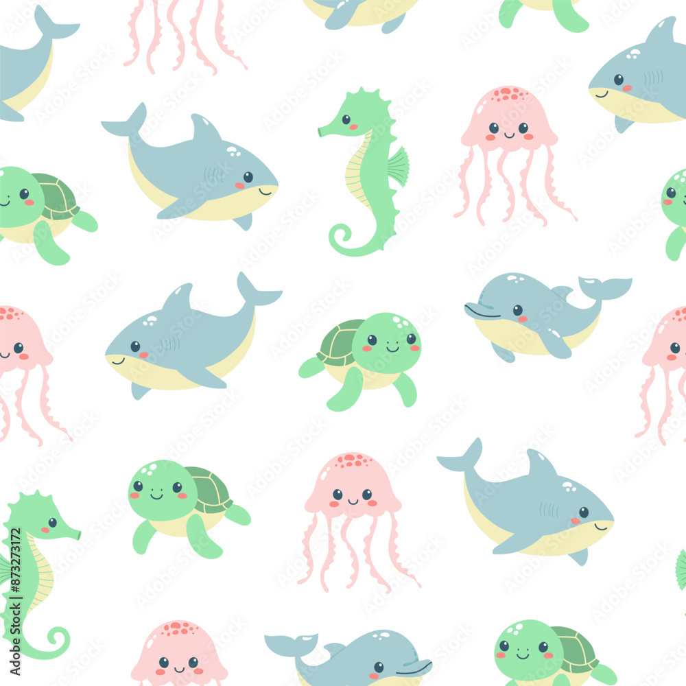 Seamless pattern of cute sea animals on white background. Marine life animals. Template for baby shower, print, fabric, greeting cards and invitation. Vector illustration Seamless pattern of cute sea animals on white background. Marine life animals. Template for baby shower, print, fabric, greeting cards and invitation. Vector illustration