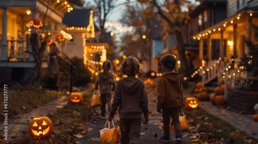 Kids walk door-to-door around the neighborhood holding out bags and pumpkins for candy, and the houses are lit up and decorated. Kids walk door-to-door around the neighborhood holding out bags and pumpkins for candy, and the houses are lit up and decorated.