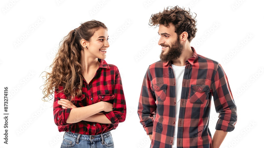 Smiling man and woman in casual plaid shirts standing and looking at each other against white background. Smiling man and woman in casual plaid shirts standing and looking at each other against white background.