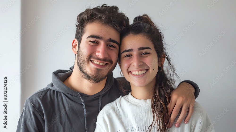 Smiling young man and woman embracing each other in a casual setting, showing happiness and friendship. Smiling young man and woman embracing each other in a casual setting, showing happiness and friendship.