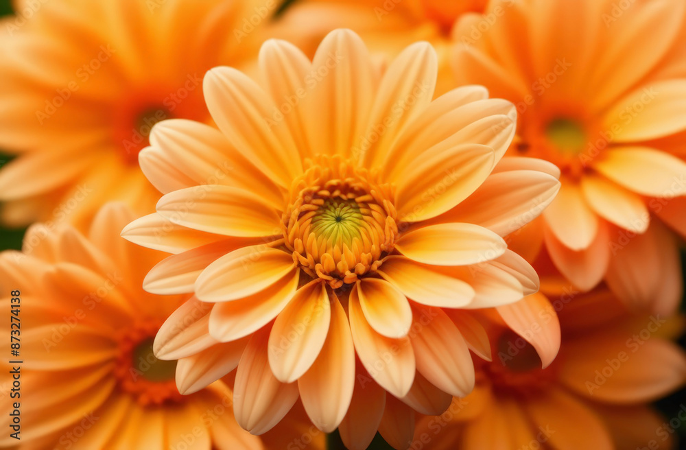 Close up of orange chrysanthemum. Vertical top down view, Feminine Floral Pattern with peach colored Chrysanthemum flower for Greeting Card or Poster. Nature Daisy Flowers. Close up of orange chrysanthemum. Vertical top down view, Feminine Floral Pattern with peach colored Chrysanthemum flower for Greeting Card or Poster. Nature Daisy Flowers.