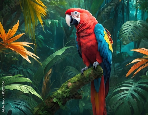 A Scarlet Macaw Perched on a Branch in a Lush Rainforest, parrot photo