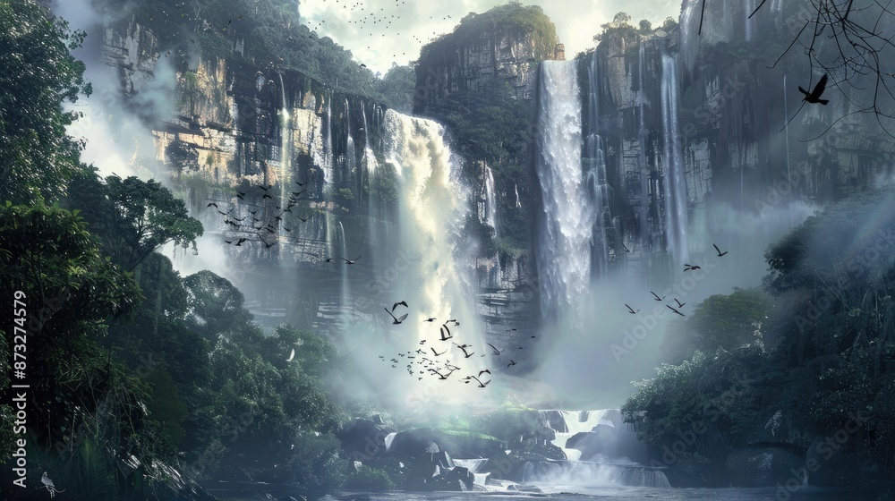A dramatic waterfall surrounded by towering cliffs and dense jungle, with birds flying through the mist. A dramatic waterfall surrounded by towering cliffs and dense jungle, with birds flying through the mist.