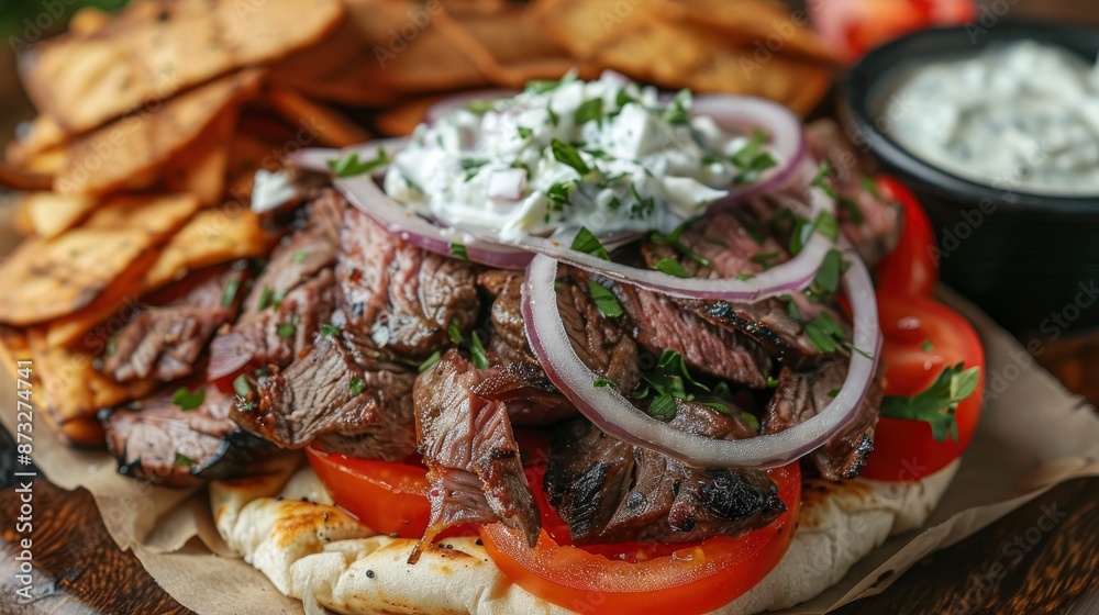 A delicious gyro sandwich with lamb, tzatziki sauce, tomatoes, and onions, served with a side of pita chips A delicious gyro sandwich with lamb, tzatziki sauce, tomatoes, and onions, served with a side of pita chips