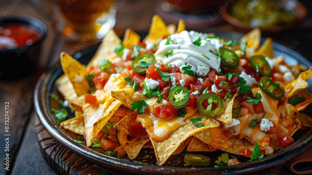 A vibrant plate of nachos, topped with melted cheese, jalape�os, sour cream, and salsa, with a cold beer A vibrant plate of nachos, topped with melted cheese, jalape�os, sour cream, and salsa, with a cold beer