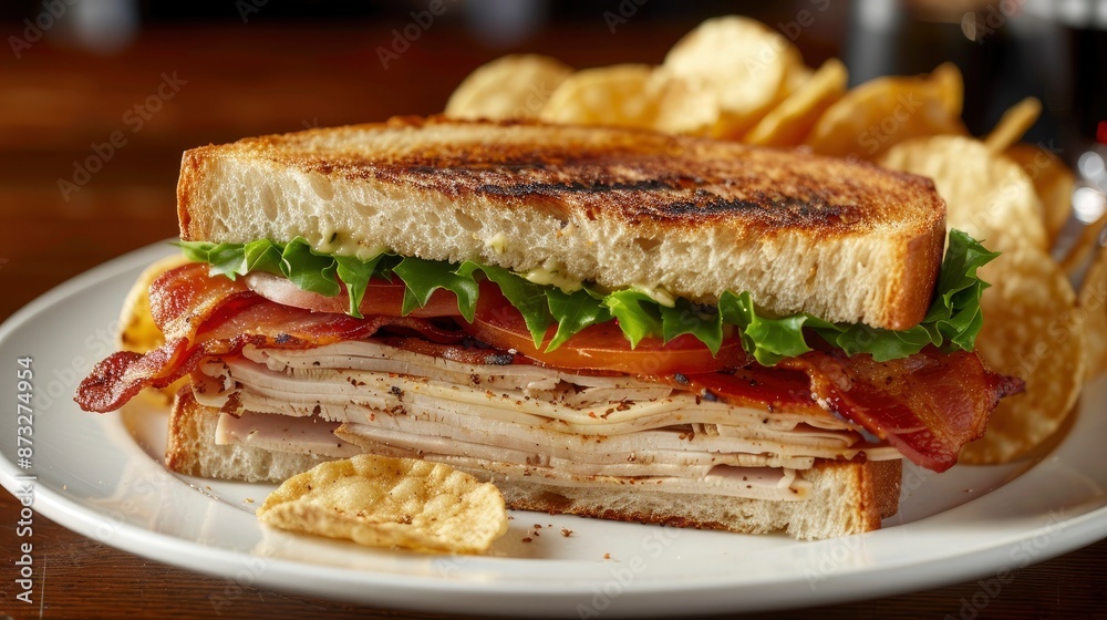 Close-up of a classic club sandwich with turkey, bacon, lettuce, and tomato, served with a side of chips Close-up of a classic club sandwich with turkey, bacon, lettuce, and tomato, served with a side of chips