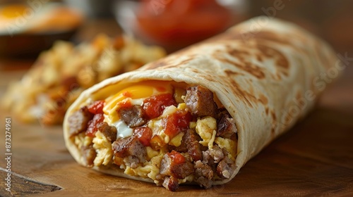 A hearty breakfast burrito filled with eggs, sausage, cheese, and salsa, served with a side of hash browns