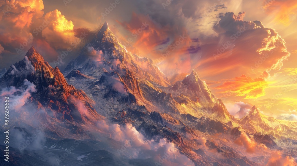 Fototapeta premium mountain landscape photography at sunset, best places to photograph mountains at sunset, mountain sunset landscape painting, mountain landscape silhouette at sunset