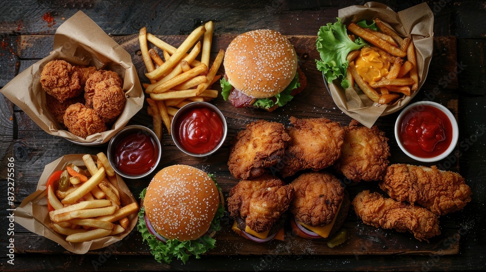 An array of fast food items, including fried chicken, burgers, and fries, displayed on a rustic table with condiments and dipping sauces An array of fast food items, including fried chicken, burgers, and fries, displayed on a rustic table with condiments and dipping sauces