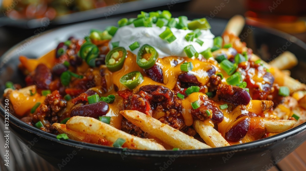 A bowl of loaded chili cheese fries, topped with sour cream, jalape�os, and green onions A bowl of loaded chili cheese fries, topped with sour cream, jalape�os, and green onions