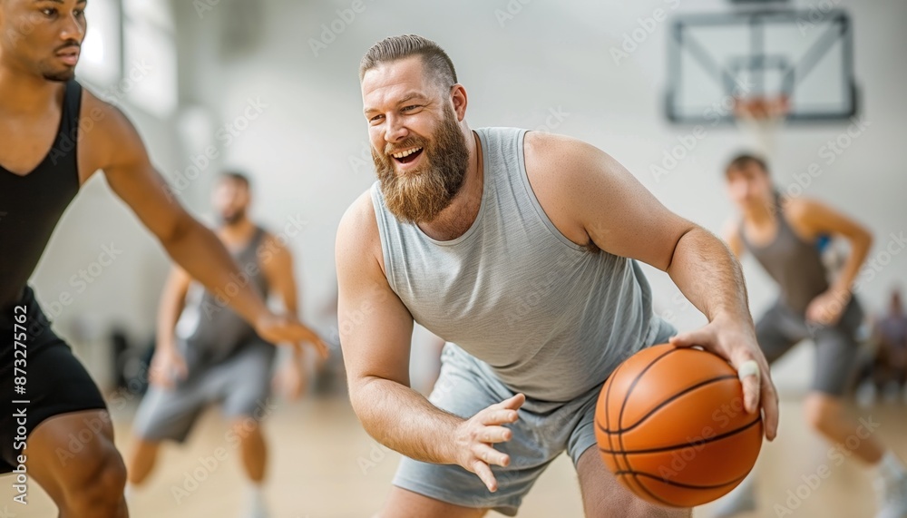 A bearded basketball player in gray smiling while dribbling during an intense game. The joy and passion for the sport are evident on his face amidst the fast-paced gameplay.