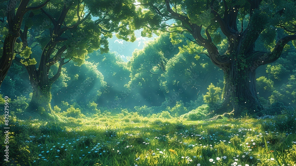 Fototapeta premium Adventure in a fantastical forest with elves, sprites, and talking trees. , Minimalism,