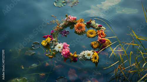 a wreath of flowers floats on the lake, Wreath floating on water, tradition Kupala night pagan rituals, generative ai