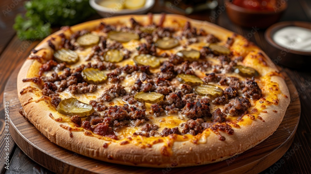 A delicious cheeseburger pizza with melted cheese, ground beef, and pickles, served on a wooden board A delicious cheeseburger pizza with melted cheese, ground beef, and pickles, served on a wooden board