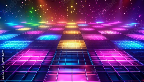 Illuminated disco dance floor with vibrant colors and glowing tiles. photo