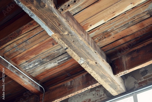 Wooden beams and beams of an old wooden house. Architectural background