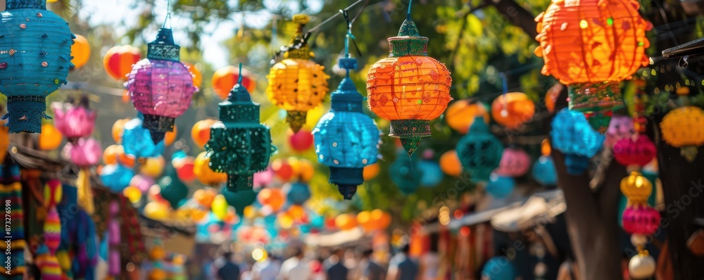 Naklejka premium A vibrant street scene during a cultural festival with colorful decorations and traditional performances