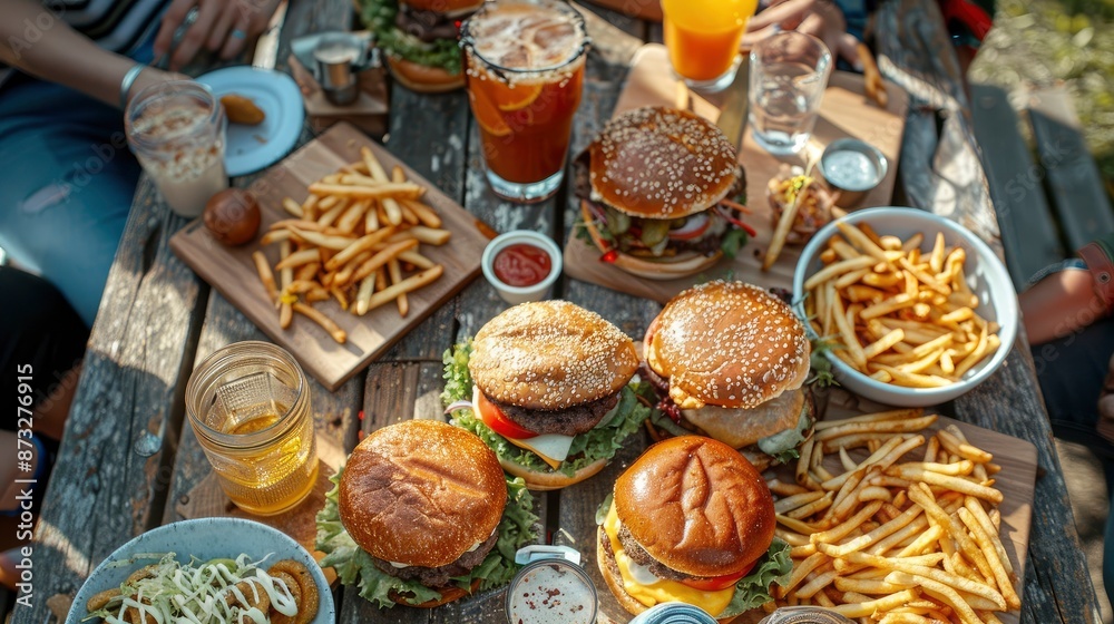 Fototapeta premium A group of friends enjoying fast food at a casual outdoor setting, with burgers, fries, and milkshakes spread out on a picnic table