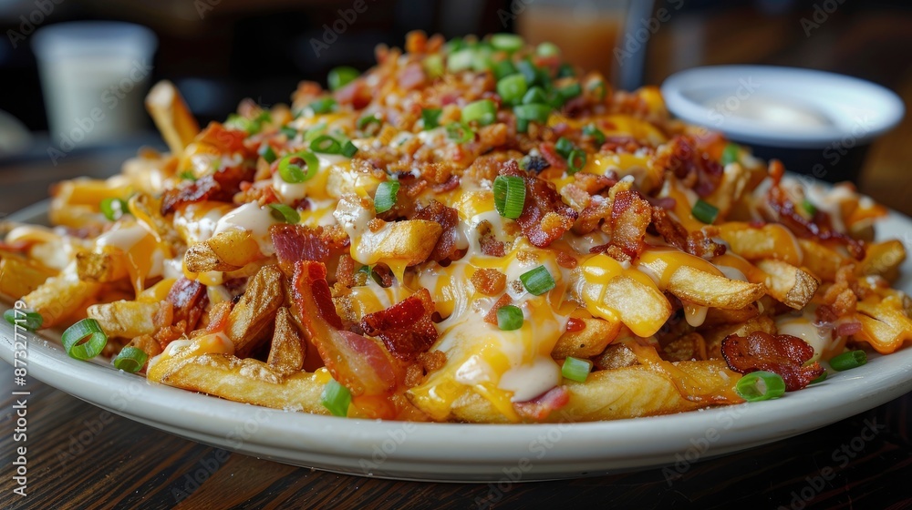 A plate of loaded fries topped with melted cheese, bacon bits, and green onions, with a side of ranch dressing A plate of loaded fries topped with melted cheese, bacon bits, and green onions, with a side of ranch dressing