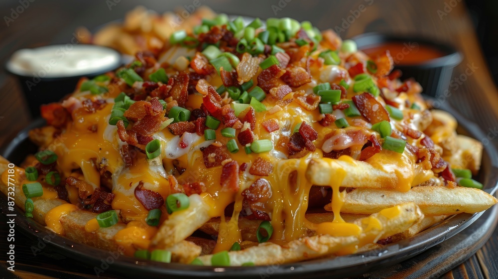 A plate of loaded fries topped with melted cheese, bacon bits, and green onions, with a side of ranch dressing