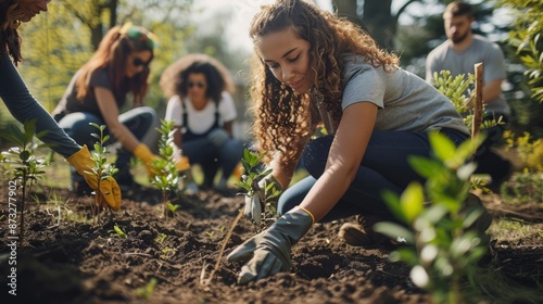 A group of volunteers plant trees in a public park, working together to make a positive impact on the environment.